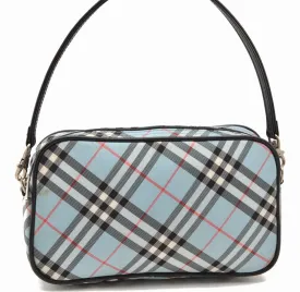 Authentic BURBERRY BLUE LABEL Check Hand Bag Nylon Leather Light Blue 3607F