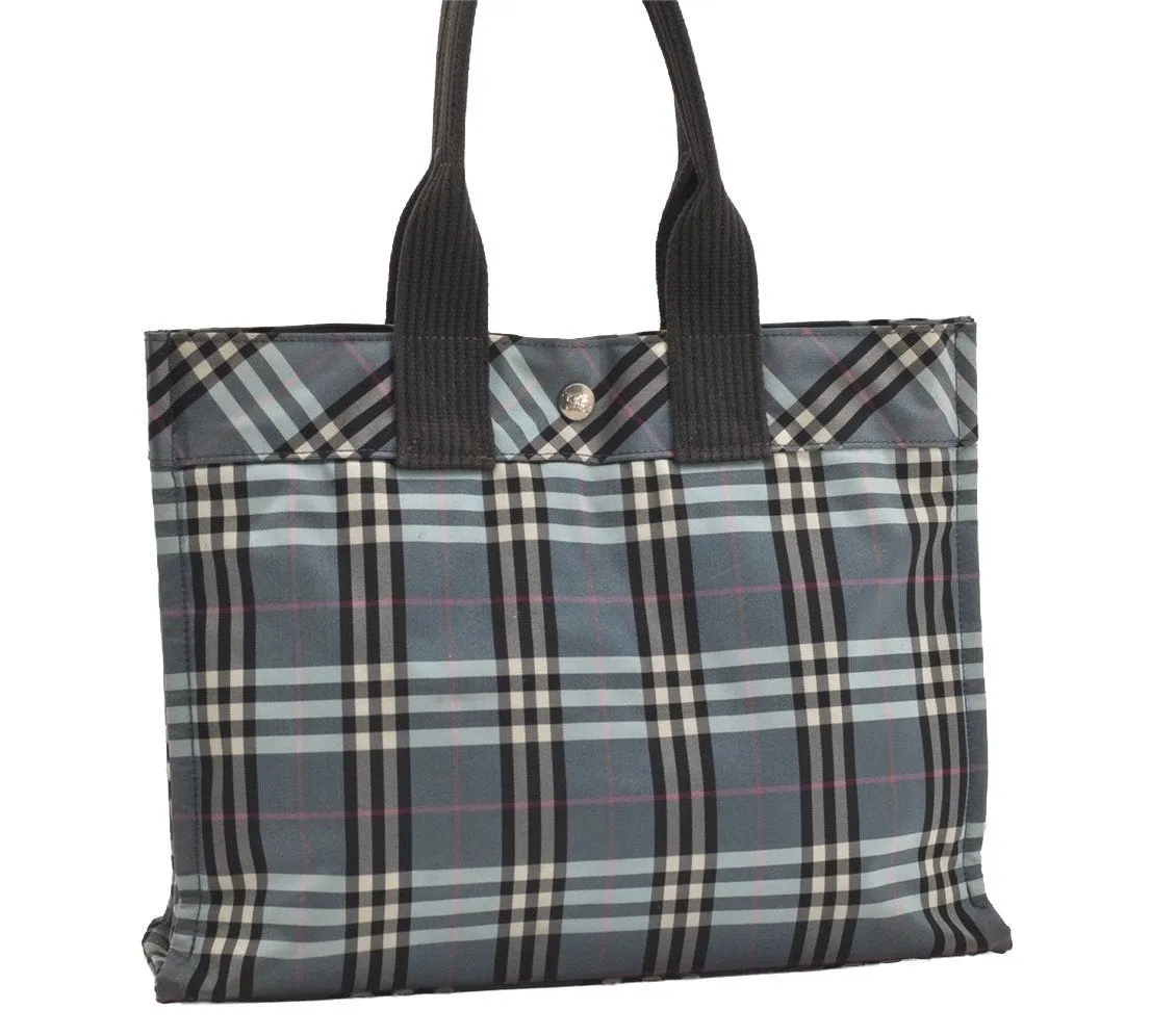Authentic BURBERRY BLUE LABEL Check Shoulder Hand Tote Bag Nylon Blue 2782J