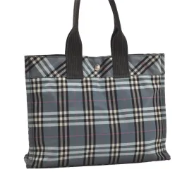 Authentic BURBERRY BLUE LABEL Check Shoulder Hand Tote Bag Nylon Blue 2782J
