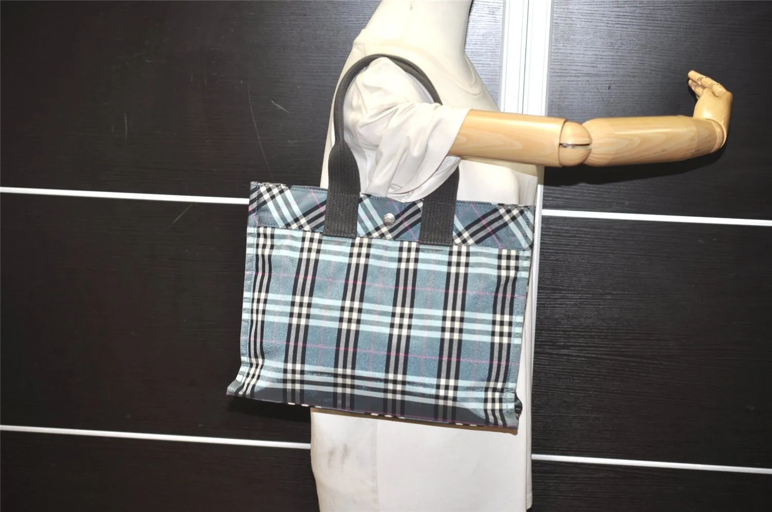 Authentic BURBERRY BLUE LABEL Check Shoulder Hand Tote Bag Nylon Blue 2782J