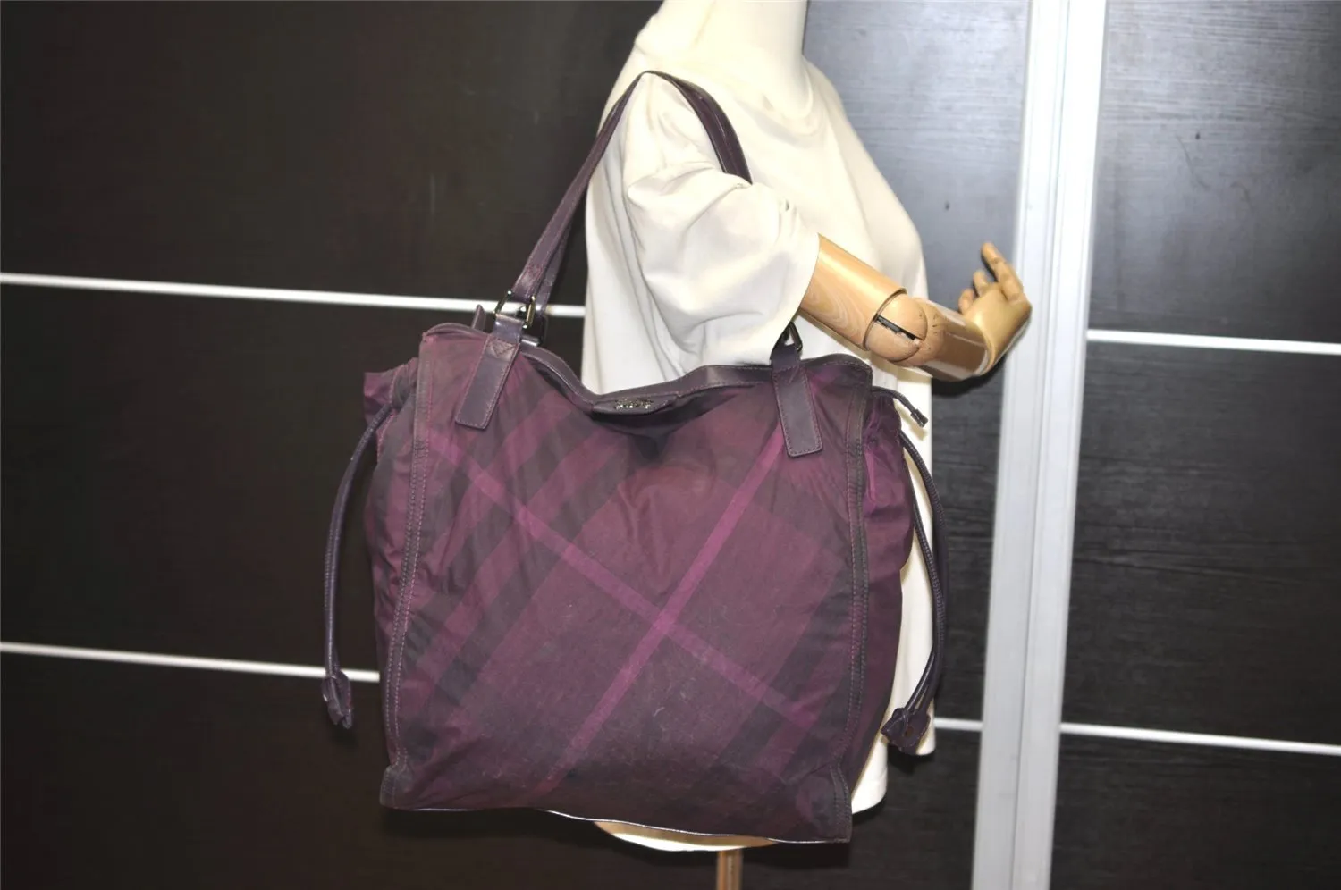Authentic BURBERRY Check Shoulder Hand Bag Polyester Leather Purple 9094I