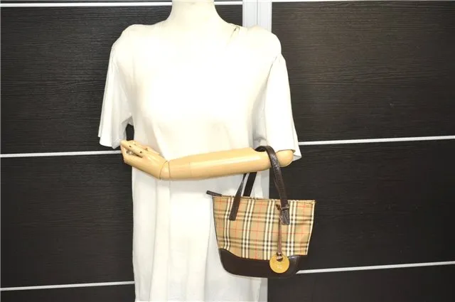 Authentic BURBERRY Nova Check Canvas Leather Hand Bag Purse Brown Beige 3128D