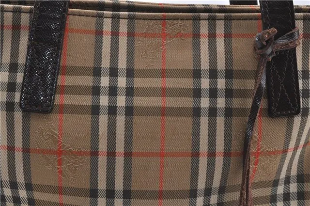 Authentic BURBERRY Nova Check Canvas Leather Hand Bag Purse Brown Beige 3128D