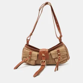 BURBERRY Beige/Brown Check Fabric and Leather Double Pocket Shoulder Bag
