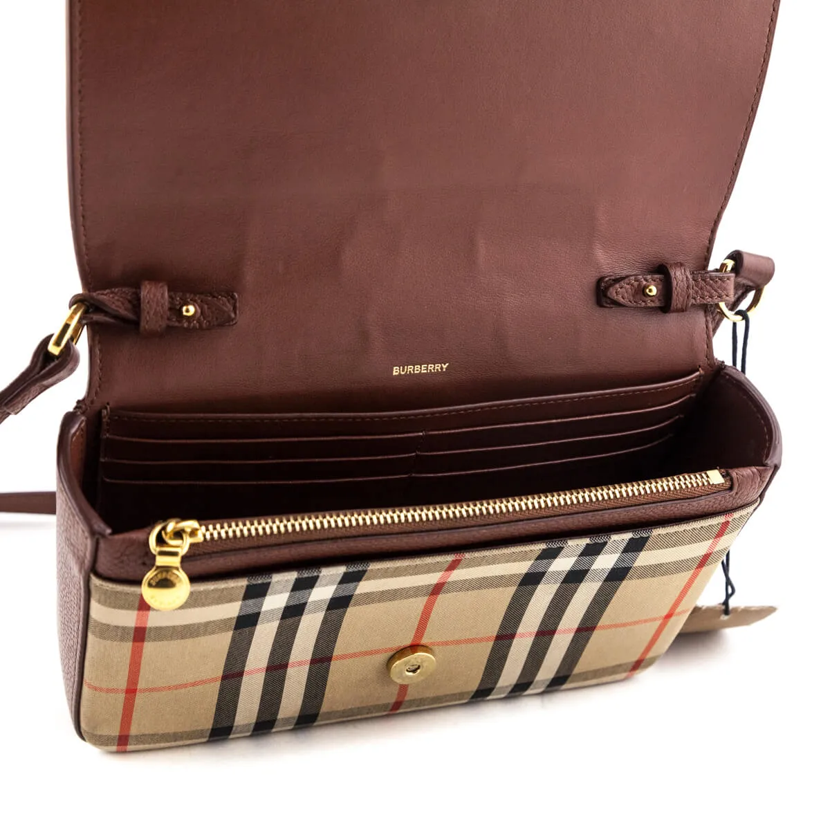 Burberry Tan Grainy Leather & Vintage Check Hampshire Crossbody Bag