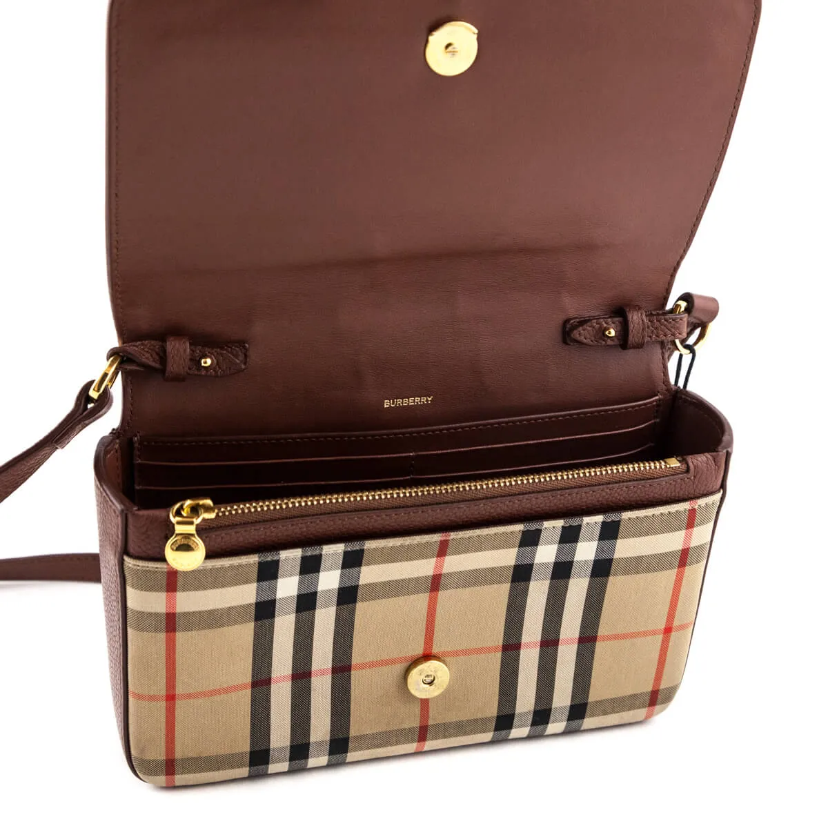Burberry Tan Grainy Leather & Vintage Check Hampshire Crossbody Bag