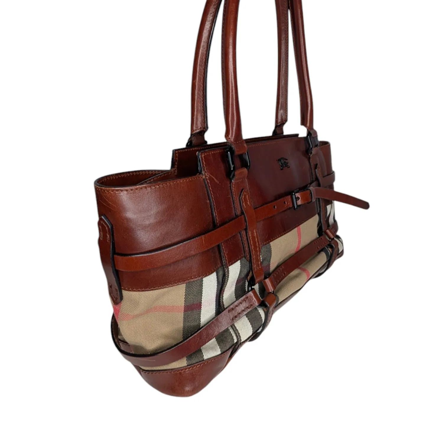 Burberry Vintage Leather Bridle House Check Canvas Satchel