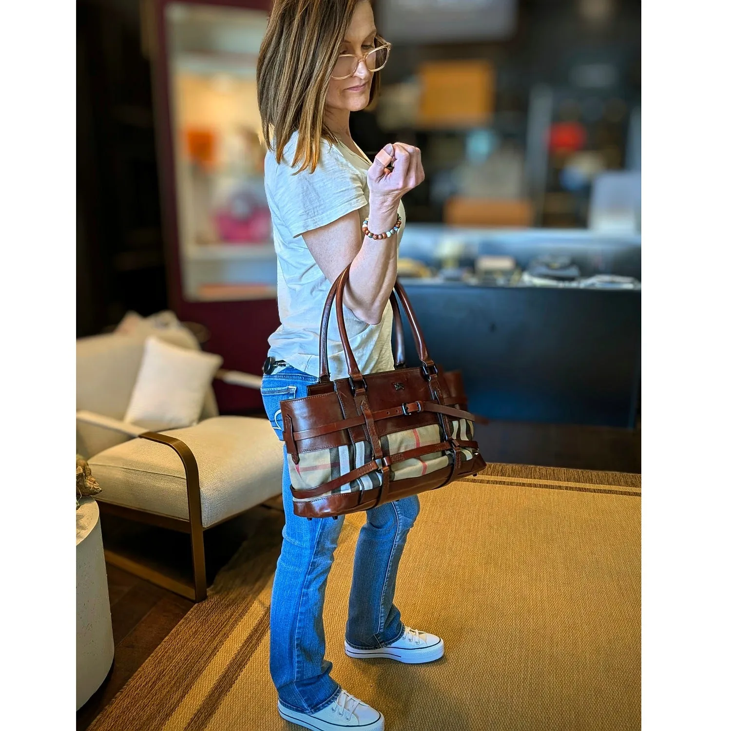 Burberry Vintage Leather Bridle House Check Canvas Satchel