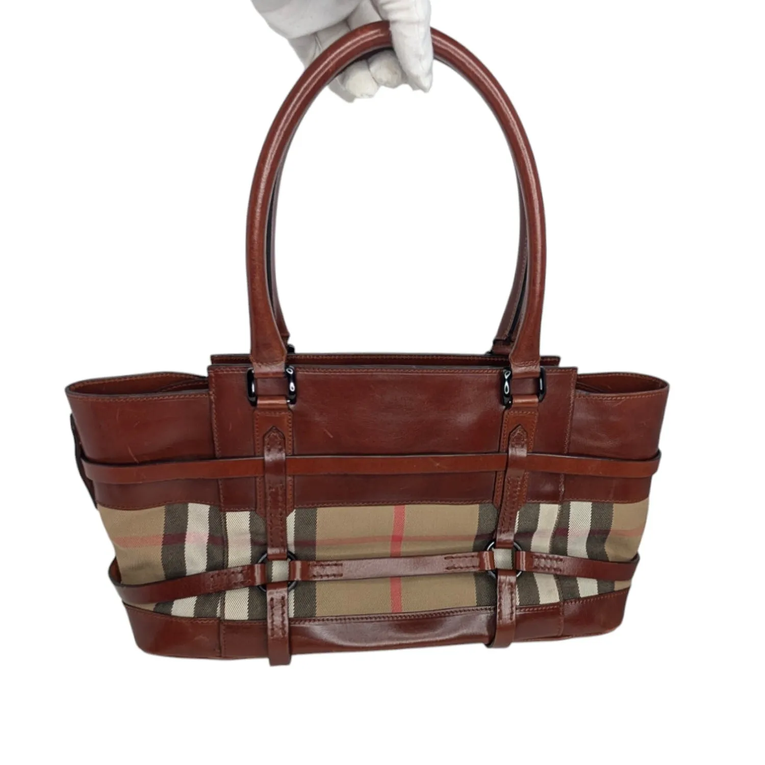Burberry Vintage Leather Bridle House Check Canvas Satchel
