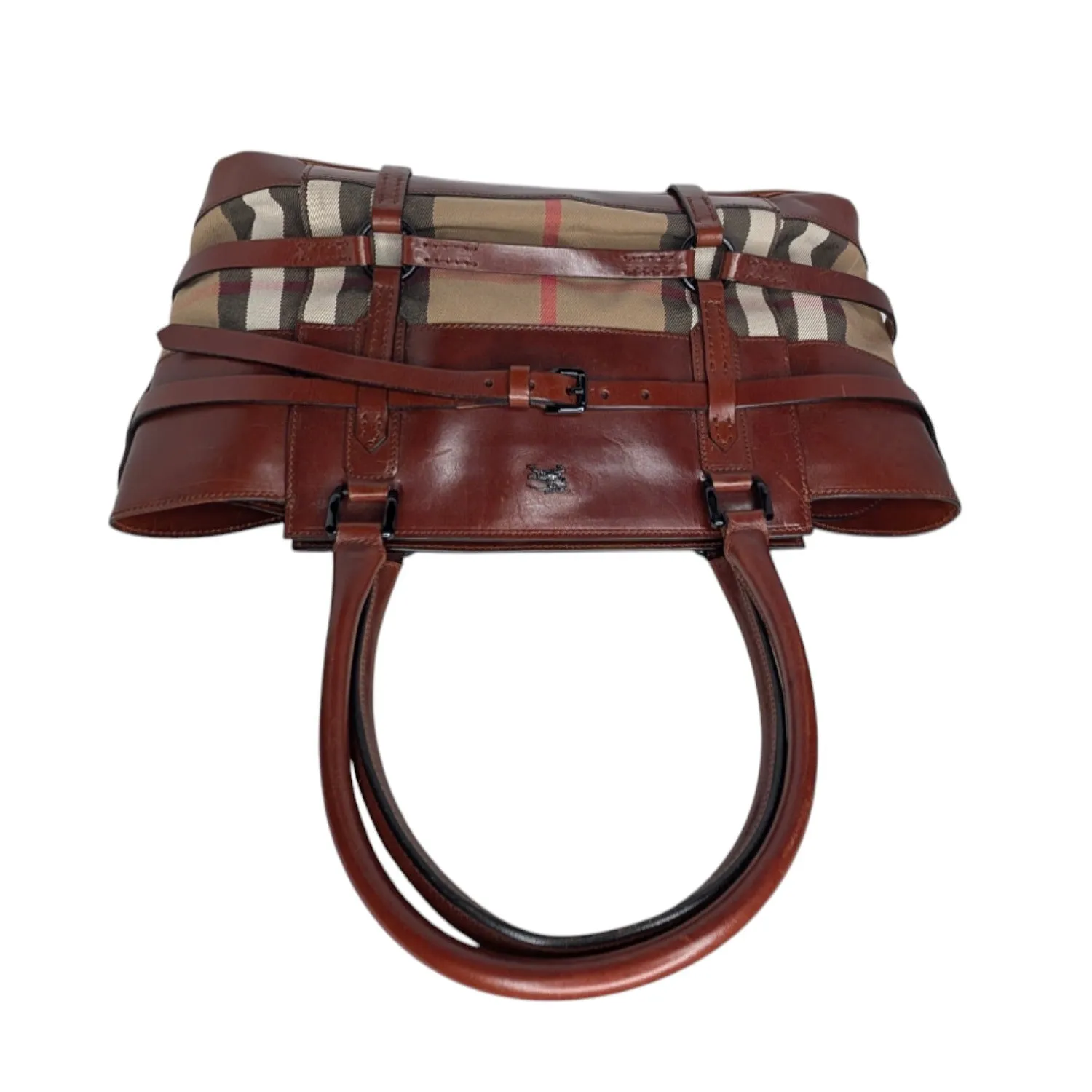 Burberry Vintage Leather Bridle House Check Canvas Satchel