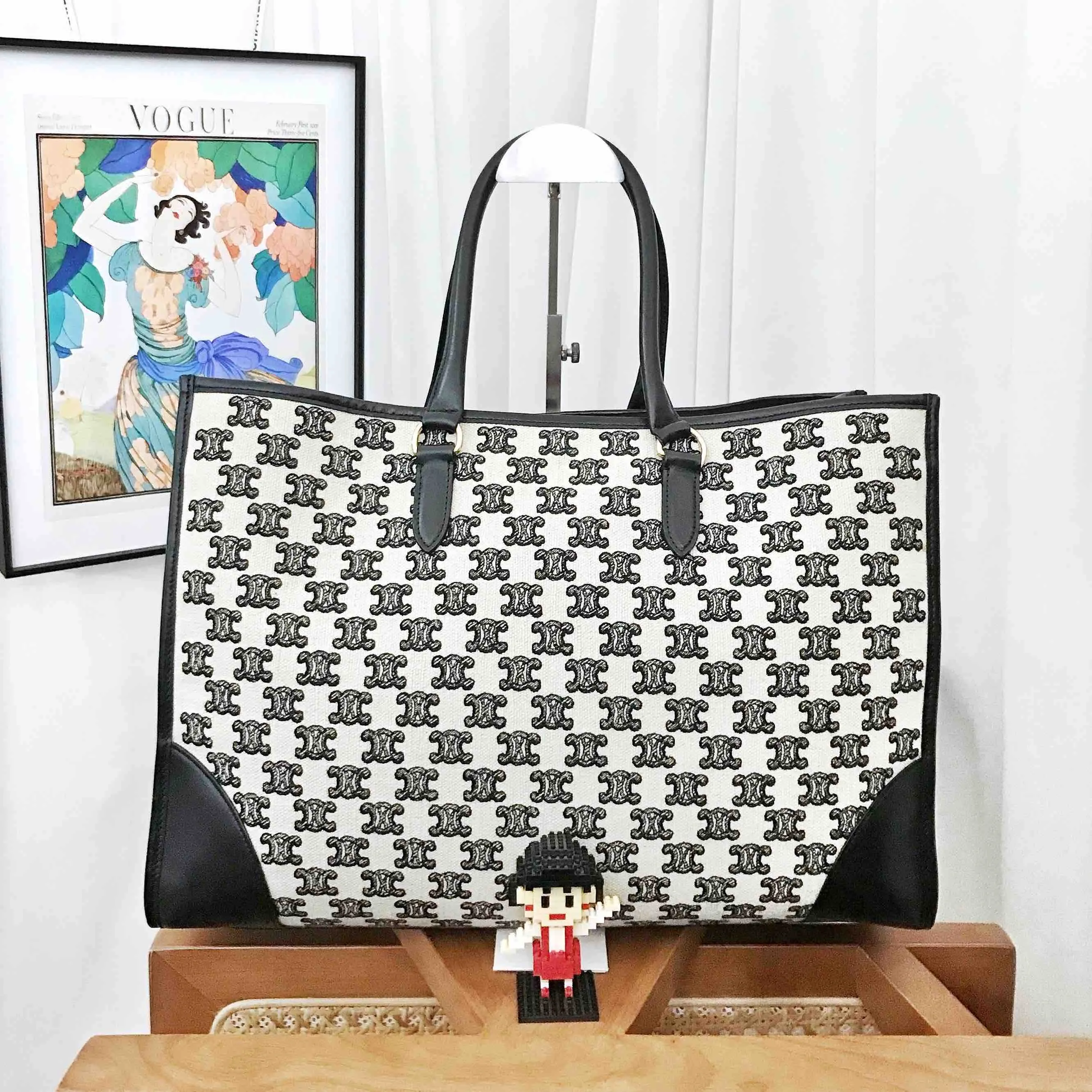 Celine Cabas Canvas Black Leather Tote Bag Large