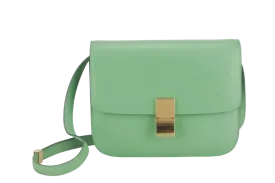 CELINE GREEN GOATSKIN MEDIUM CLASSIC BOX FLAP BAG IN PALM GOLD HARDWARE WITH STRAPS, DUST COVER AND BOX