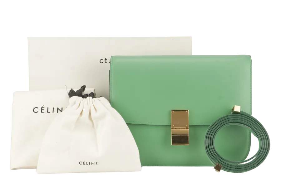 CELINE GREEN GOATSKIN MEDIUM CLASSIC BOX FLAP BAG IN PALM GOLD HARDWARE WITH STRAPS, DUST COVER AND BOX