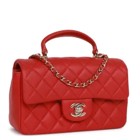 Chanel Mini Rectangular Flap Bag with Top Handle Red Lambskin Light Gold Hardware