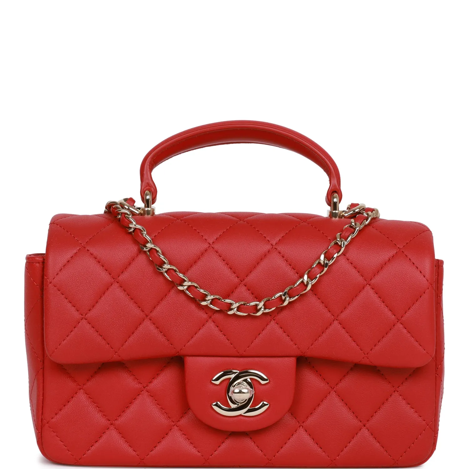 Chanel Mini Rectangular Flap Bag with Top Handle Red Lambskin Light Gold Hardware