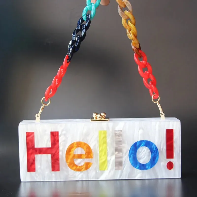 Hello Engraved Pearly Acrylic Long Box Clutch
