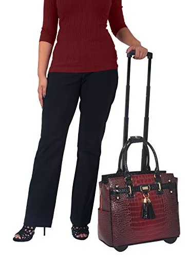 JKM and Company THE WESTLAKE Burgundy Red & Black Alligator Compatible With Computer iPad, Laptop Tablet Rolling Tote Bag Briefcase Carryall Bag