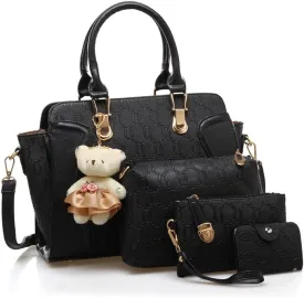 MORGLOVE Women PU Leather Handbag Top Handle Bag Messenger Bag Shoulder Bag Tote Bag Card Purse Black （4 Pcs Set）