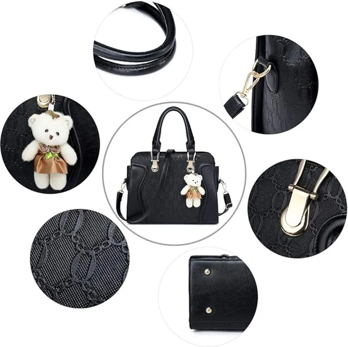 MORGLOVE Women PU Leather Handbag Top Handle Bag Messenger Bag Shoulder Bag Tote Bag Card Purse Black （4 Pcs Set）