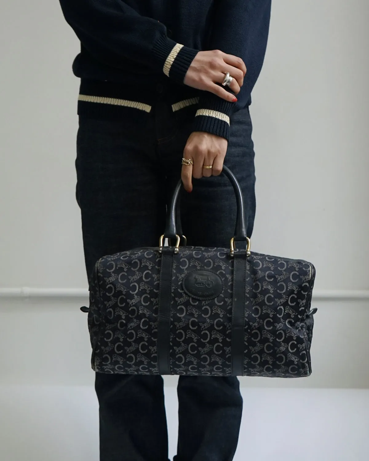 Navy Carriage Pattern Boston Bag