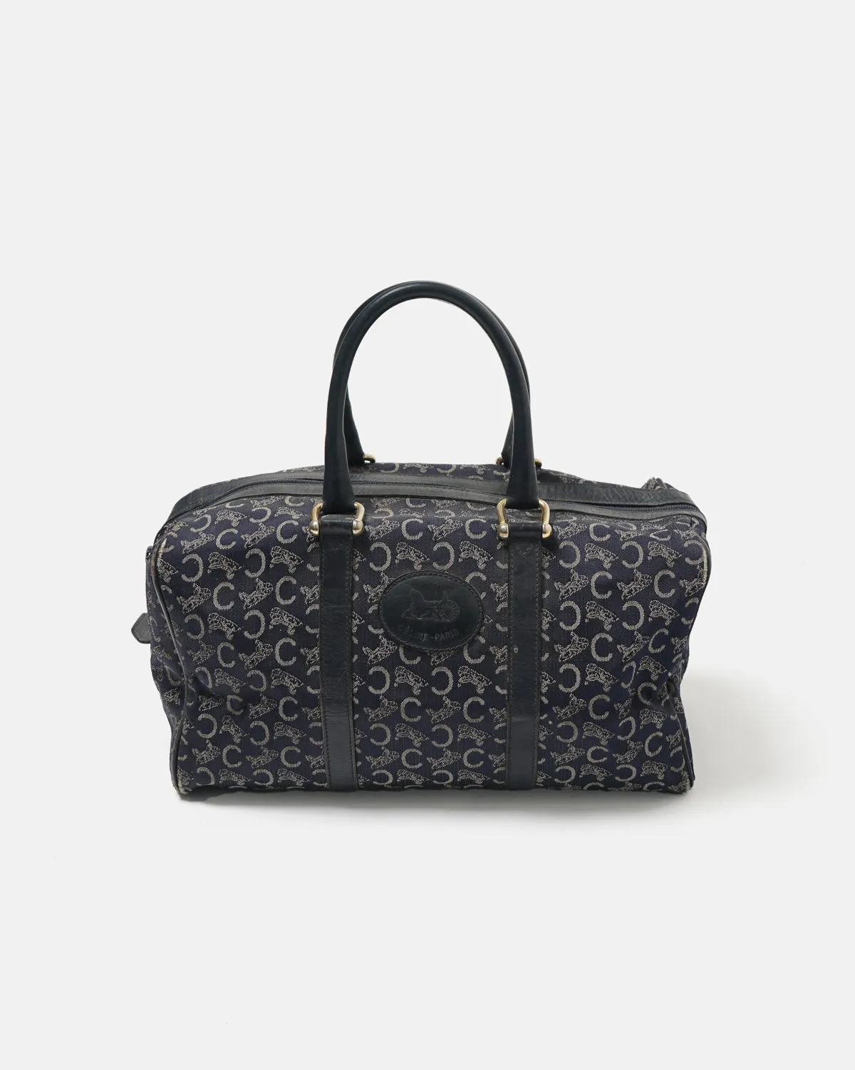 Navy Carriage Pattern Boston Bag