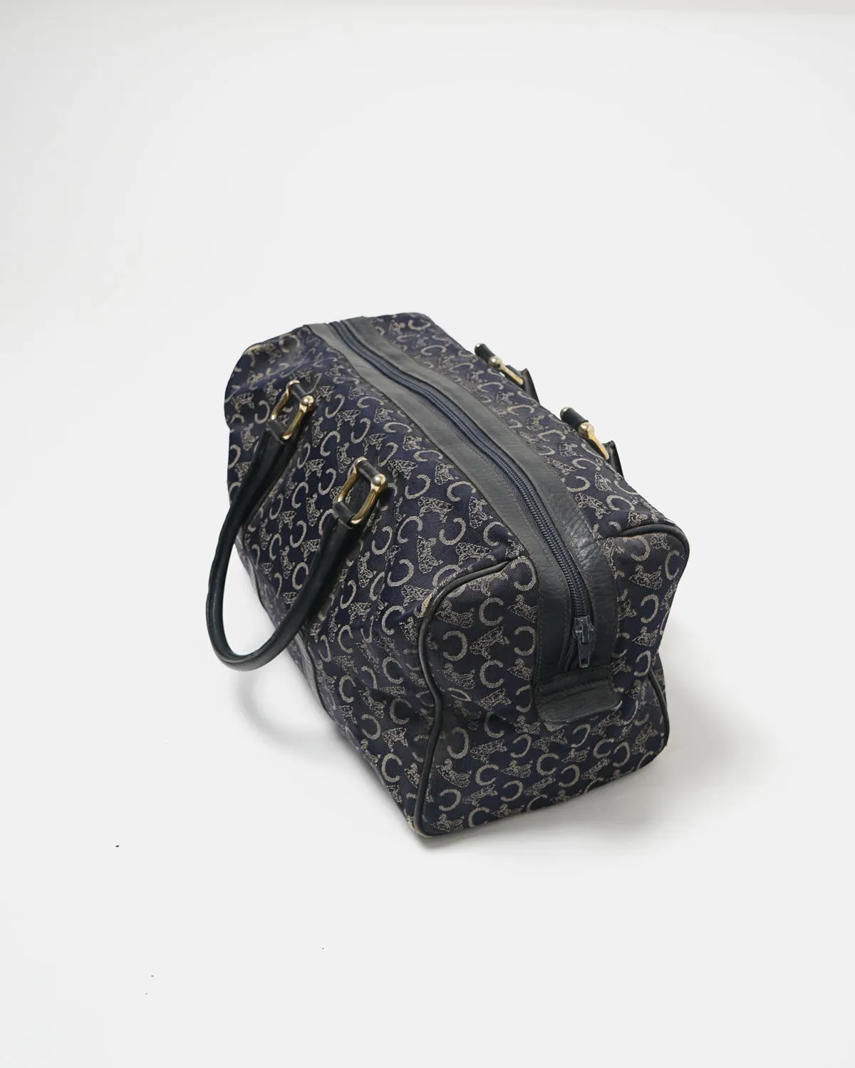 Navy Carriage Pattern Boston Bag
