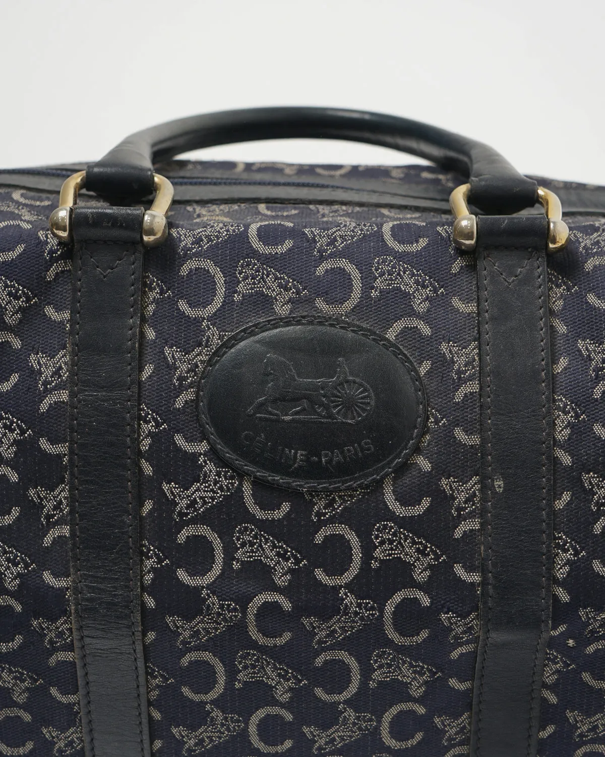 Navy Carriage Pattern Boston Bag