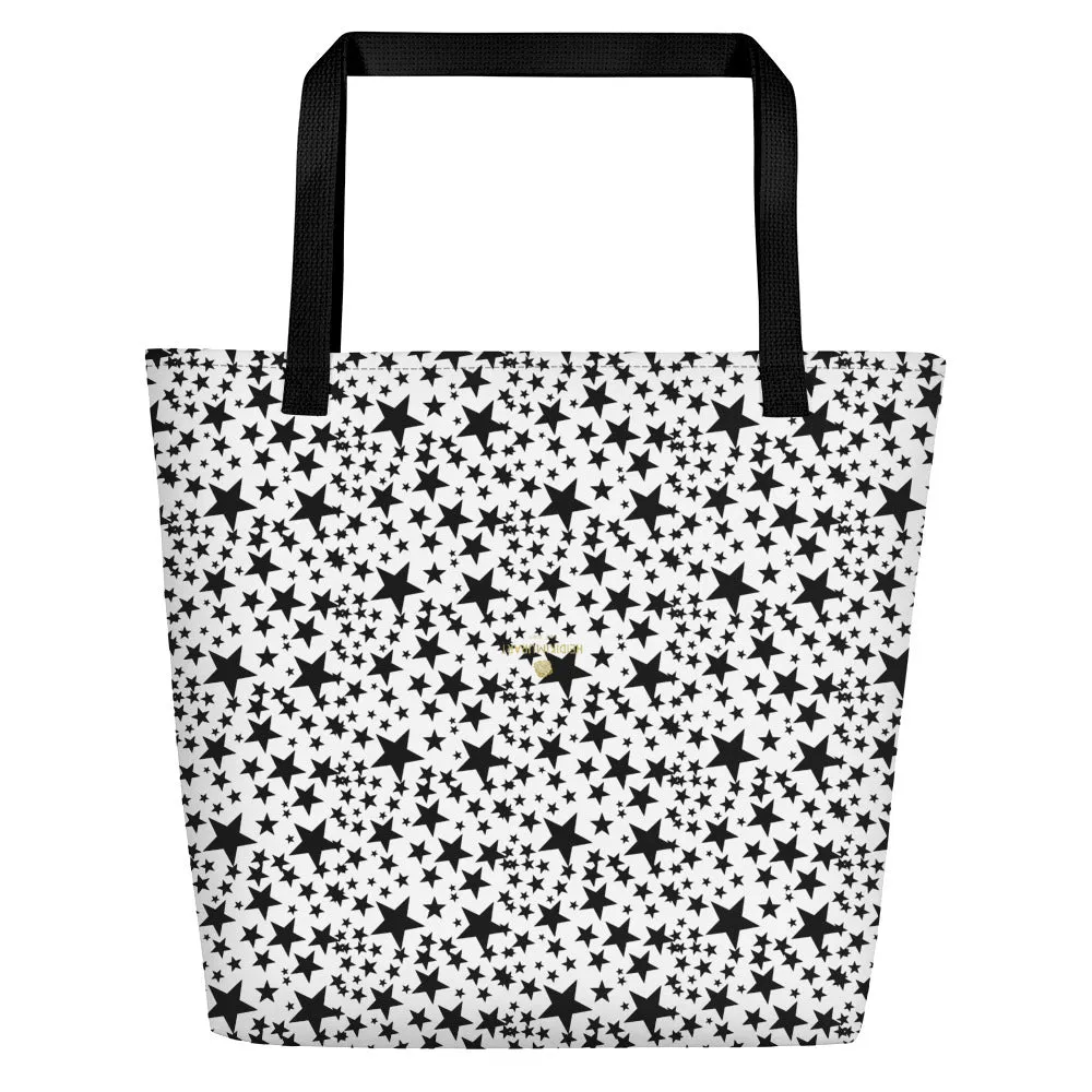 Star Tote Bag, Black Star Pattern White Unisex 16"x20" Large Beach Bag-Made in USA/EU