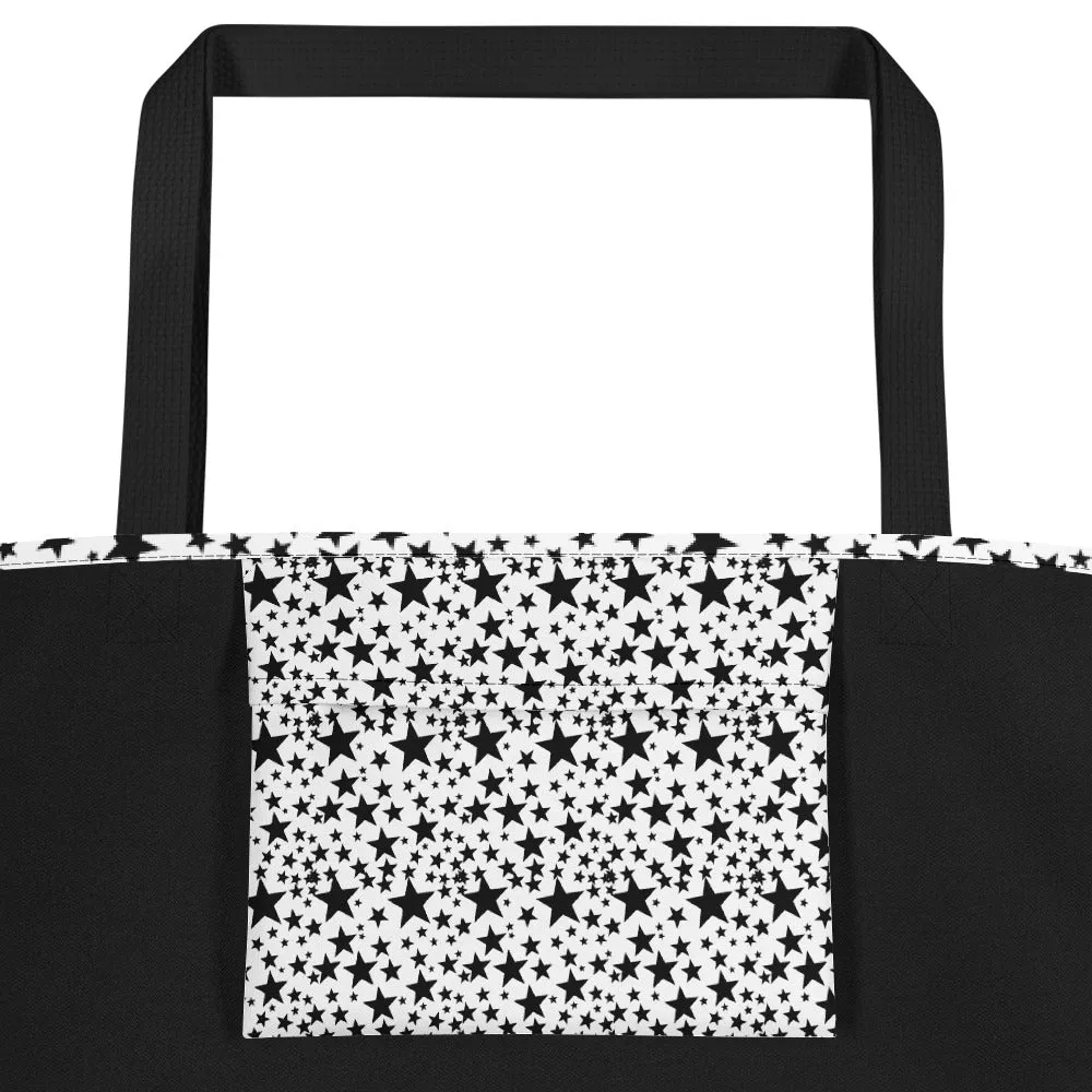 Star Tote Bag, Black Star Pattern White Unisex 16"x20" Large Beach Bag-Made in USA/EU