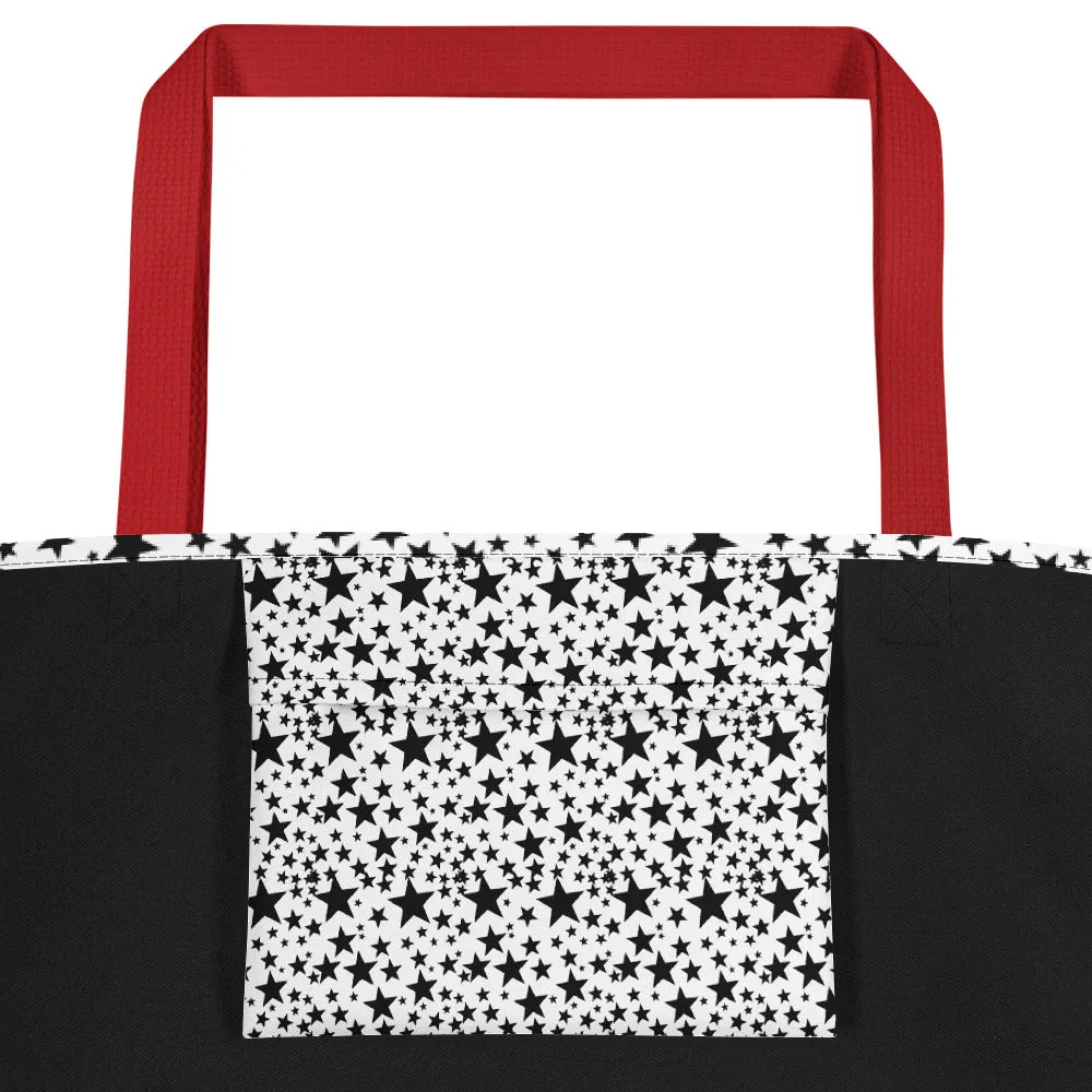 Star Tote Bag, Black Star Pattern White Unisex 16"x20" Large Beach Bag-Made in USA/EU
