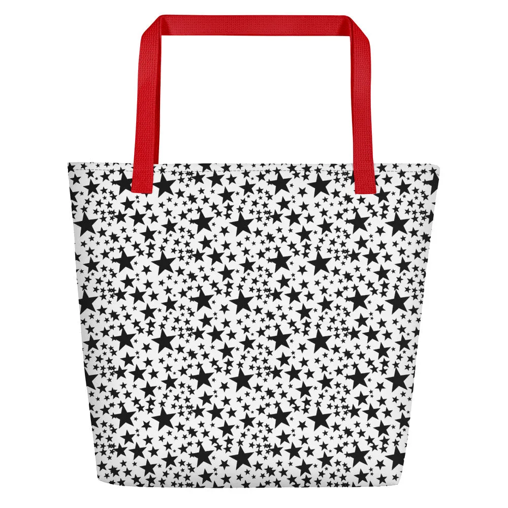 Star Tote Bag, Black Star Pattern White Unisex 16"x20" Large Beach Bag-Made in USA/EU