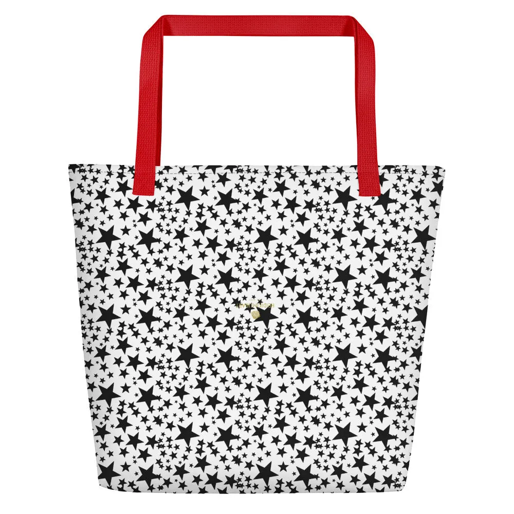 Star Tote Bag, Black Star Pattern White Unisex 16"x20" Large Beach Bag-Made in USA/EU