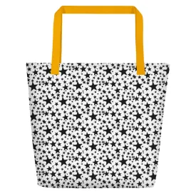 Star Tote Bag, Black Star Pattern White Unisex 16"x20" Large Beach Bag-Made in USA/EU