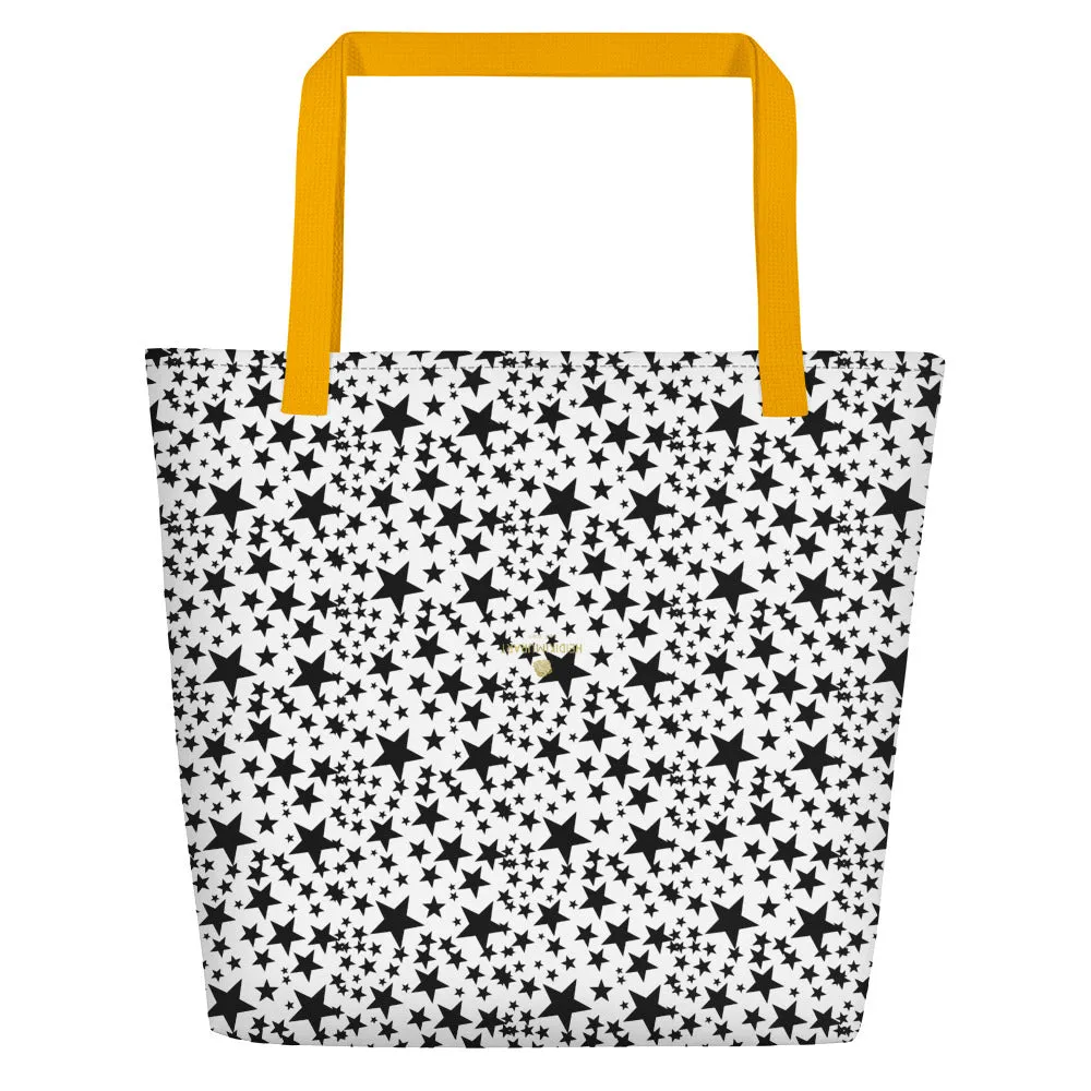 Star Tote Bag, Black Star Pattern White Unisex 16"x20" Large Beach Bag-Made in USA/EU