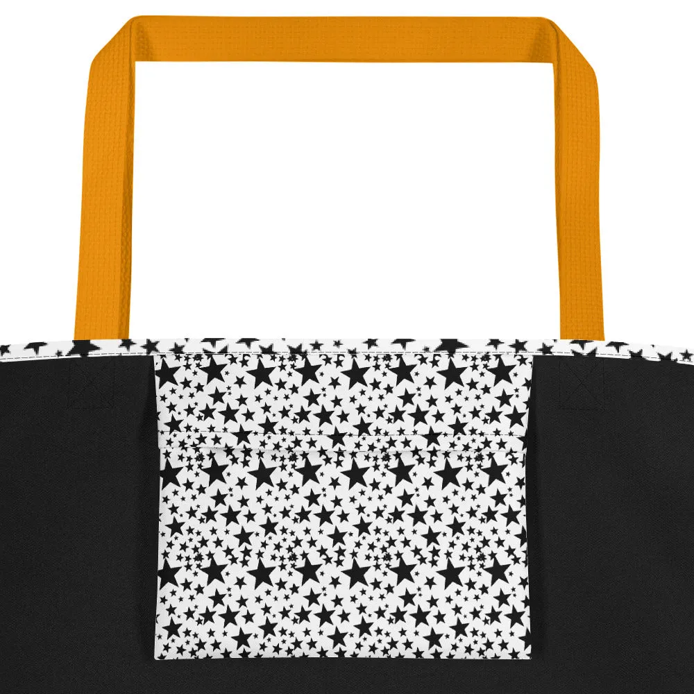 Star Tote Bag, Black Star Pattern White Unisex 16"x20" Large Beach Bag-Made in USA/EU