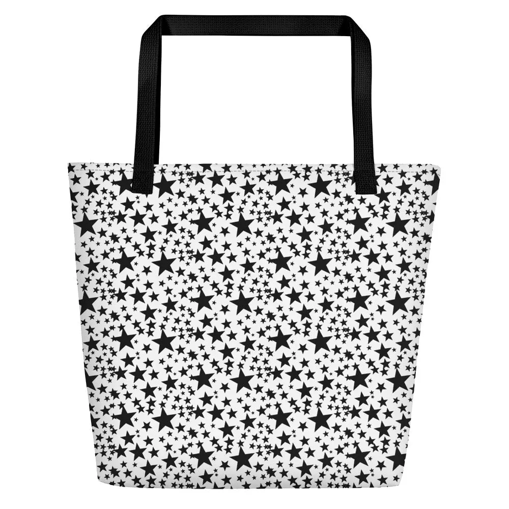 Star Tote Bag, Black Star Pattern White Unisex 16"x20" Large Beach Bag-Made in USA/EU